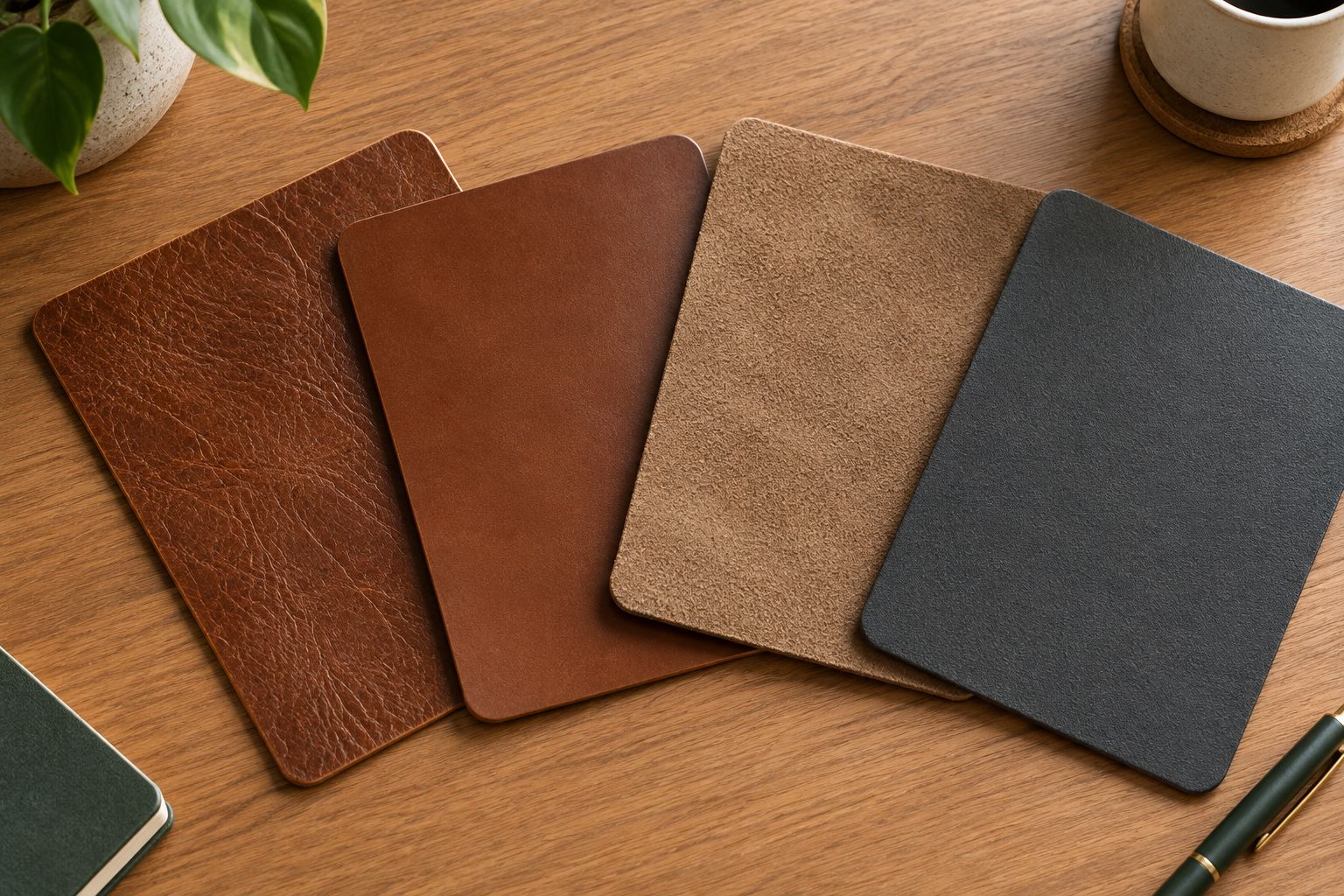 Four desk pad material samples showing different surface textures