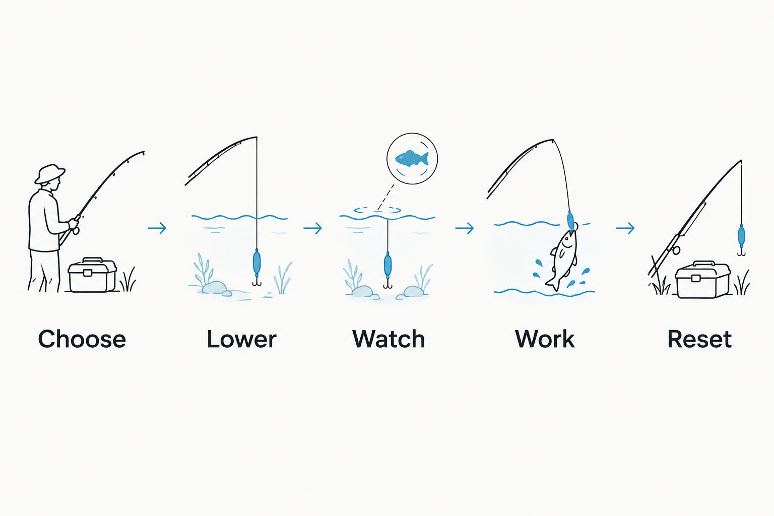 Five steps for placing, observing, working, and resetting a close-range handline lure