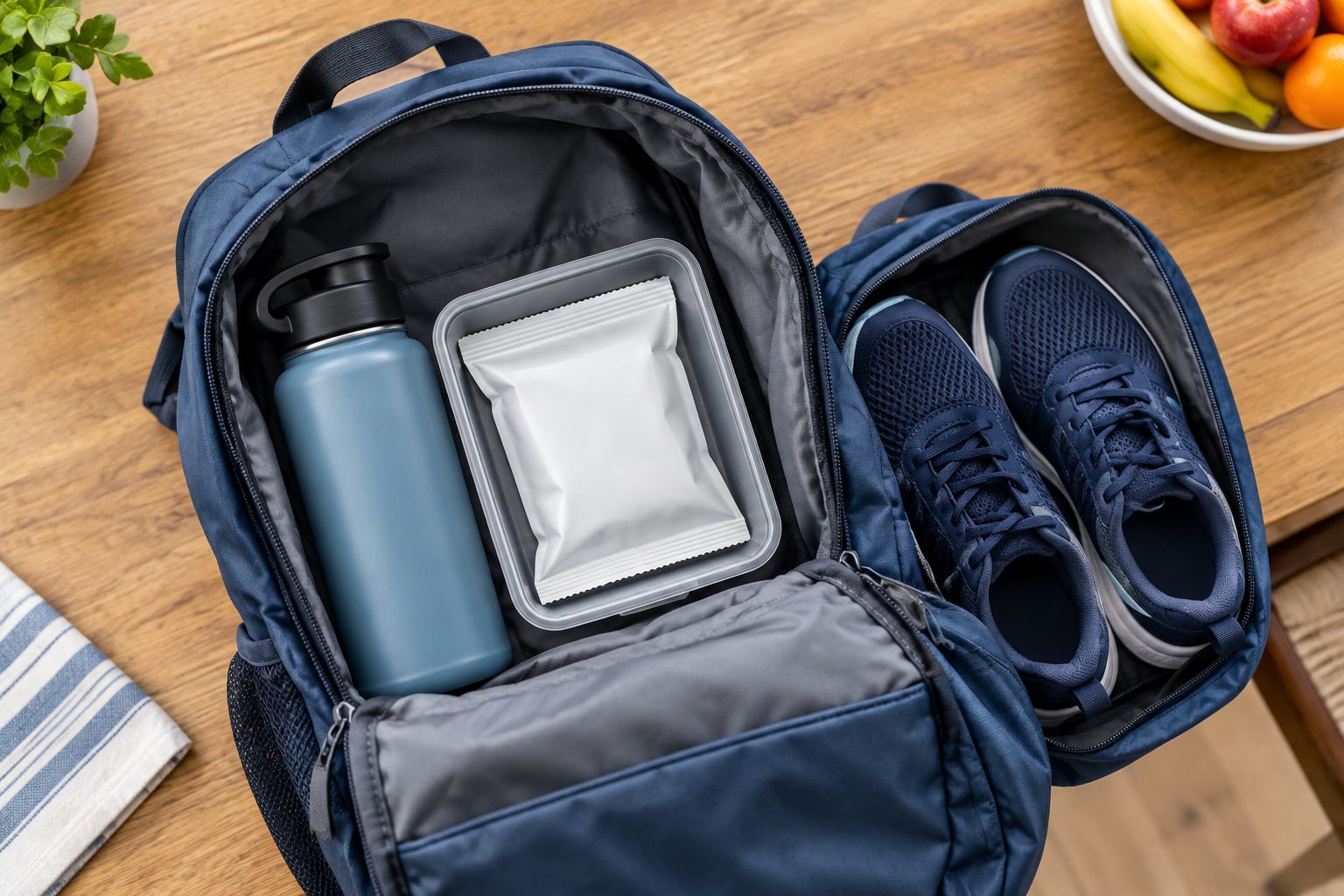 A fruit snack protected in a rigid container beside a water bottle and an open sports backpack.