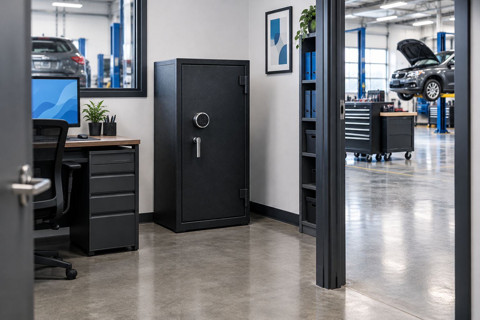Security safe in a service centre back office with clear access and separation from workshop activity