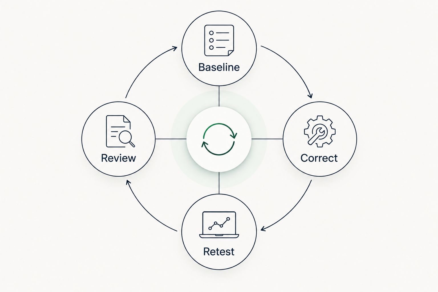 Review cycle connecting baseline evidence, corrections, retesting and review