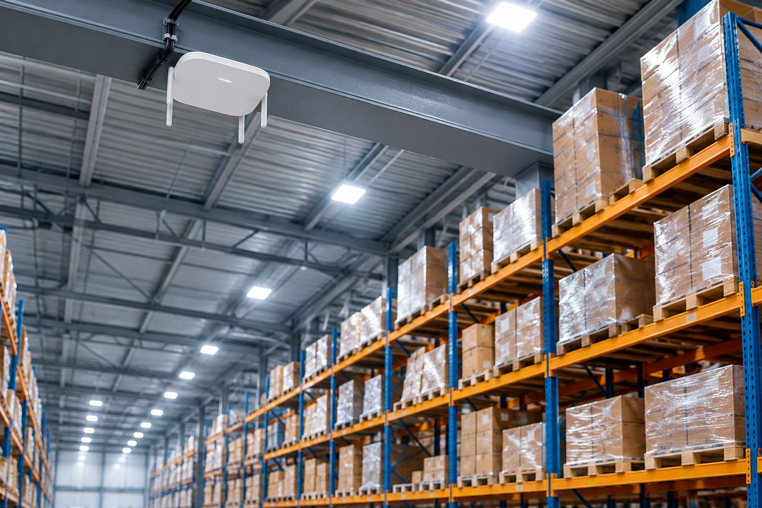 Networking Equipment for Warehouses: 2026 Buying Guide 3 Wireless access point mounted on a ceiling beam above warehouse racking