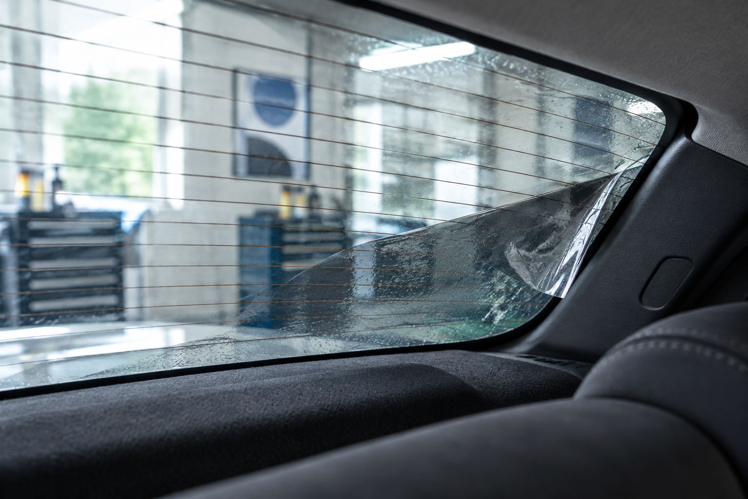 EA Detailer Rear windscreen demister tracks beneath a partly lifted edge of window film