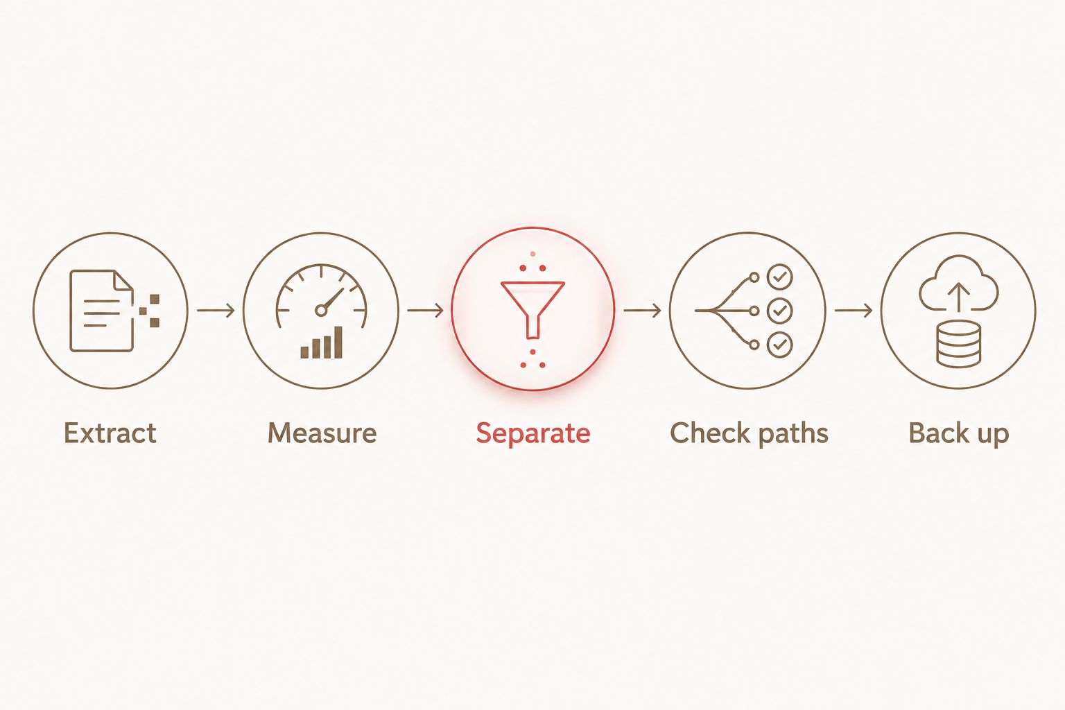 Storage audit sequence: extract, measure, separate, check paths and back up.