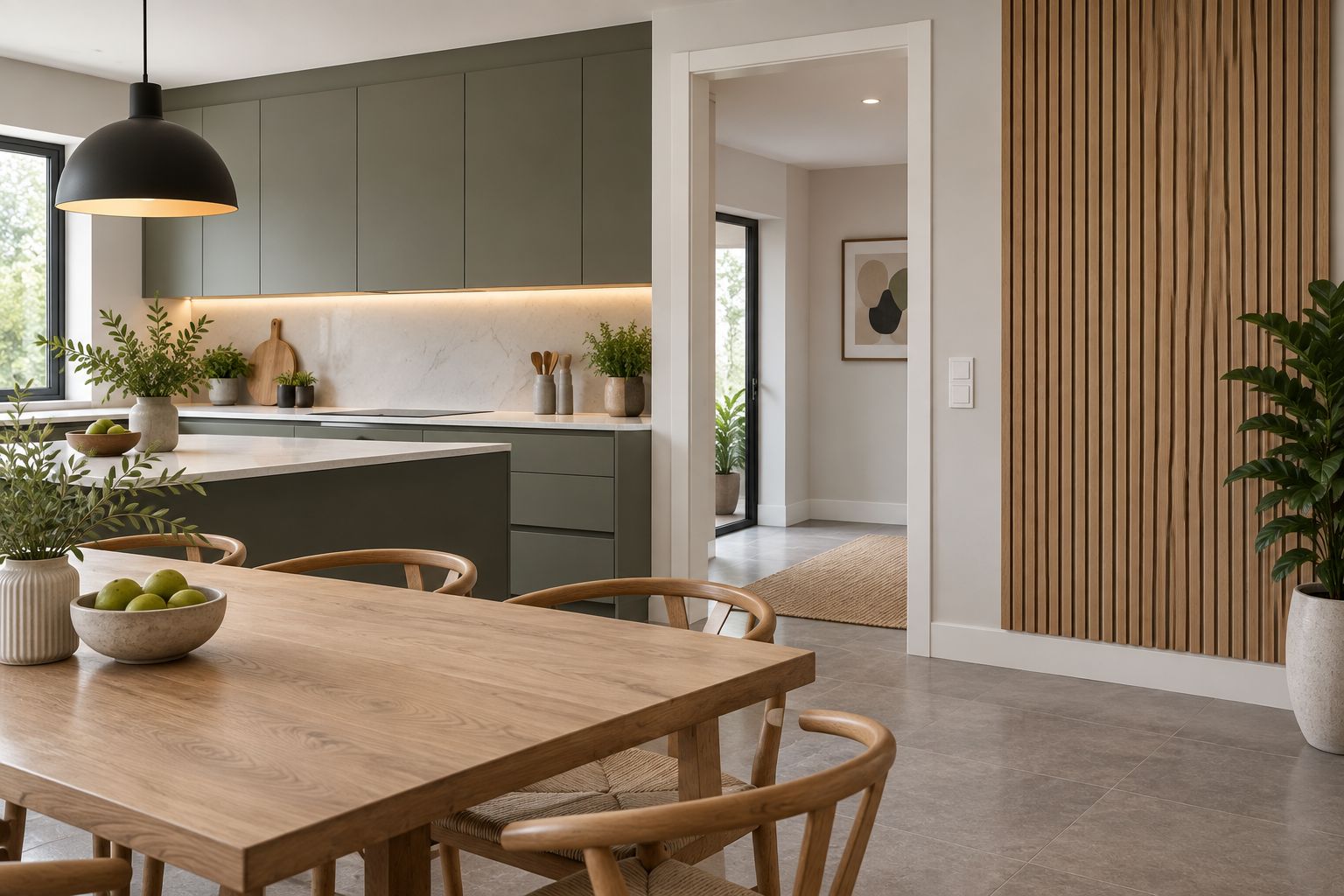 Dry slat feature wall beside a dining area, away from kitchen splash zones