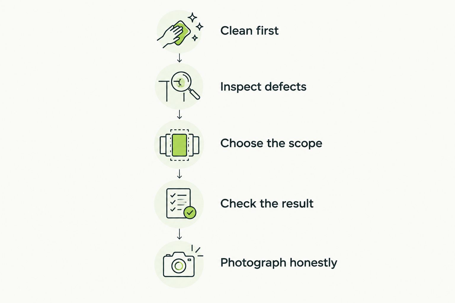 Sale preparation sequence from cleaning and inspection to checking results and taking honest photos.