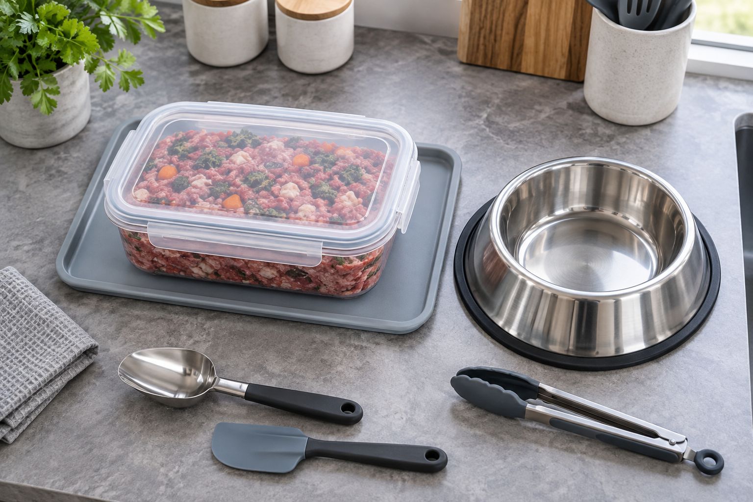 Separate containers, utensils and a dog bowl arranged for raw food preparation