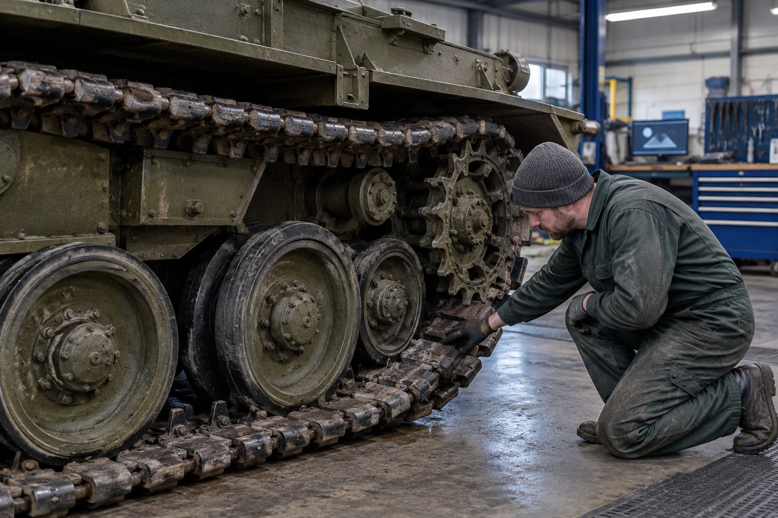 Mechanic inspecting the track pads and running gear of a stationary historic armoured vehicle