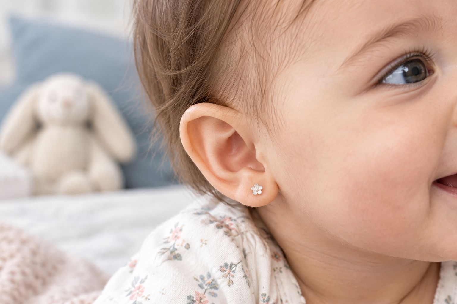 Close-up of a flat-back stud earring sitting flush against a child's earlobe