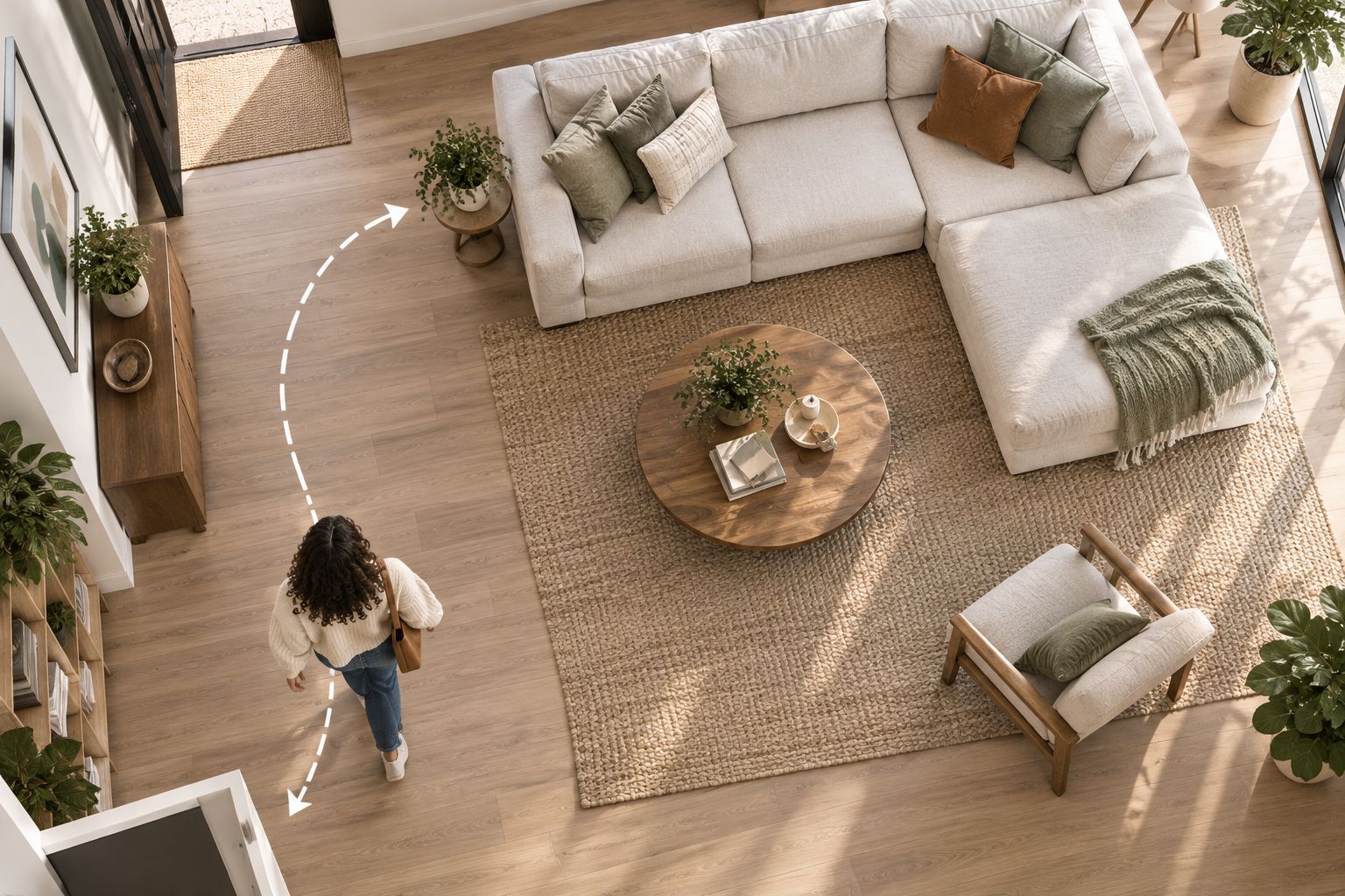 Overhead living room layout showing a modular sectional and an open route from the doorway