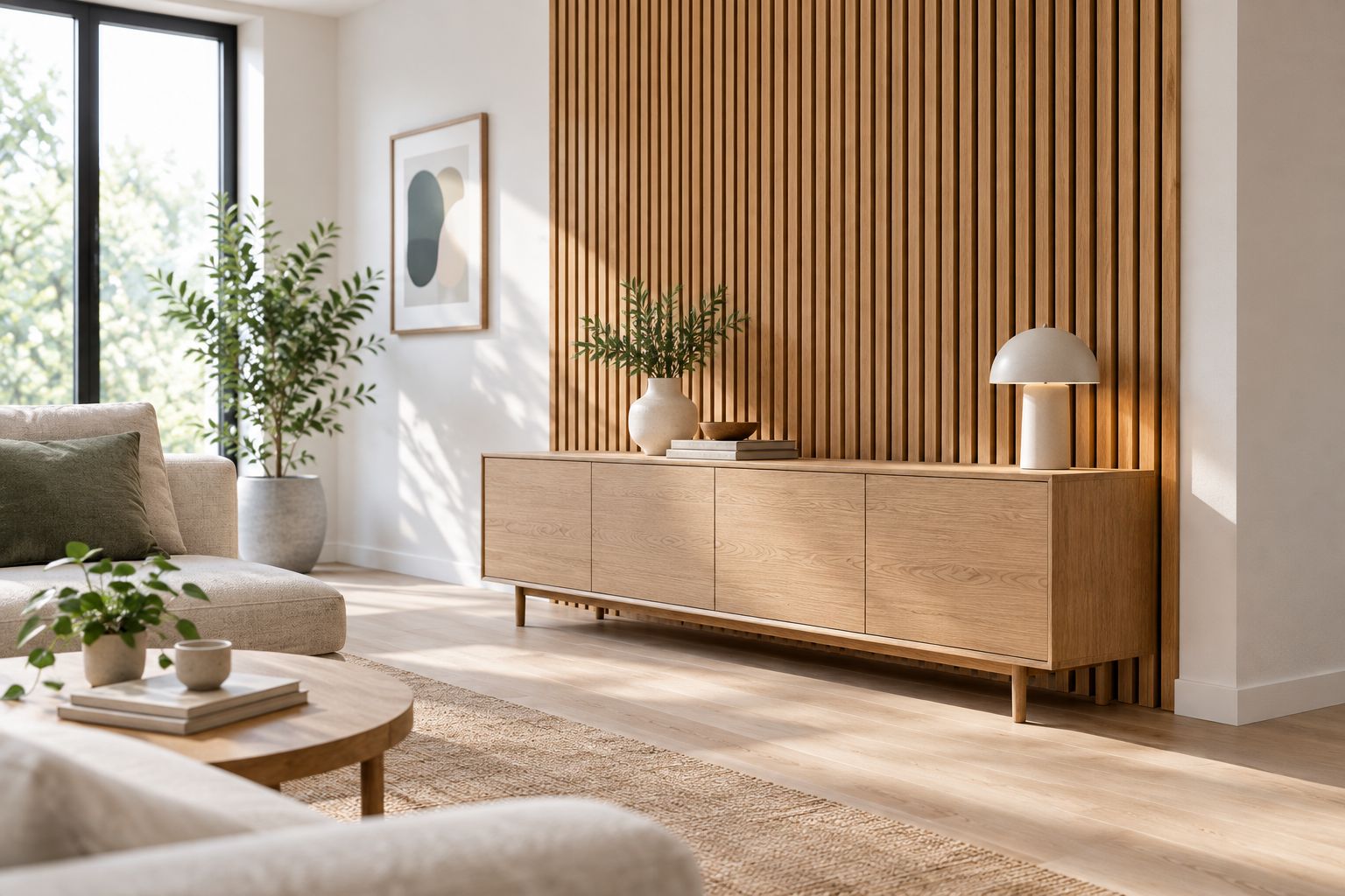 Holzlamellenwand im Wohnzimmer mit seitlich sichtbarem, sauber geplantem Abschluss