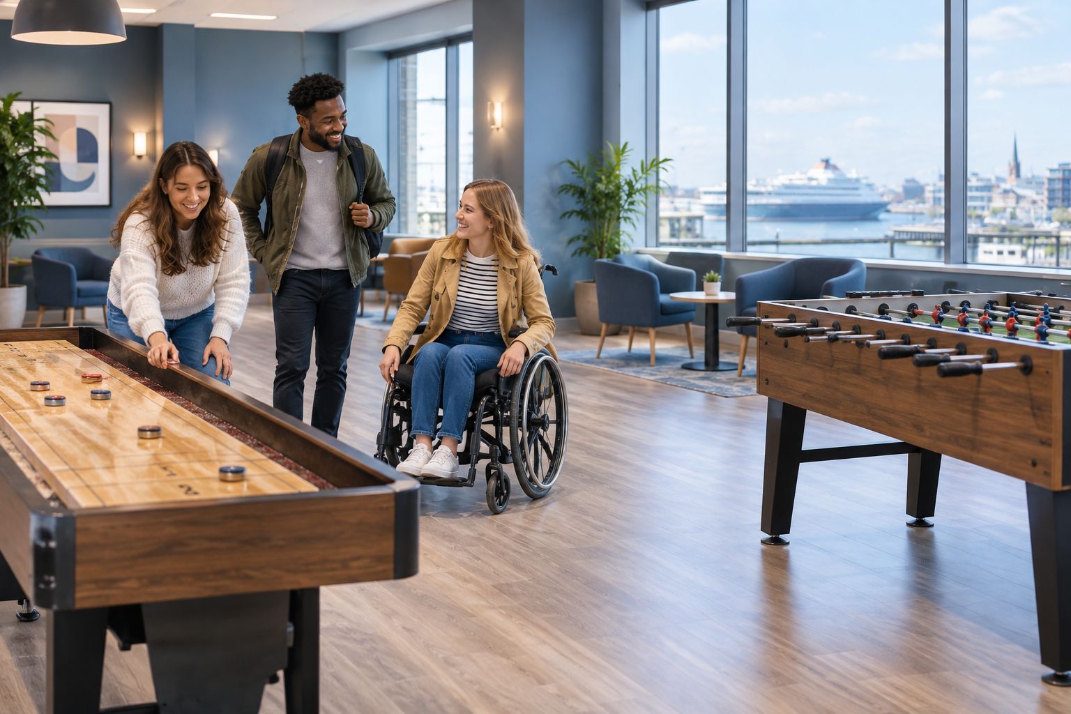 Open activity bar floor with wide aisles and soft lighting