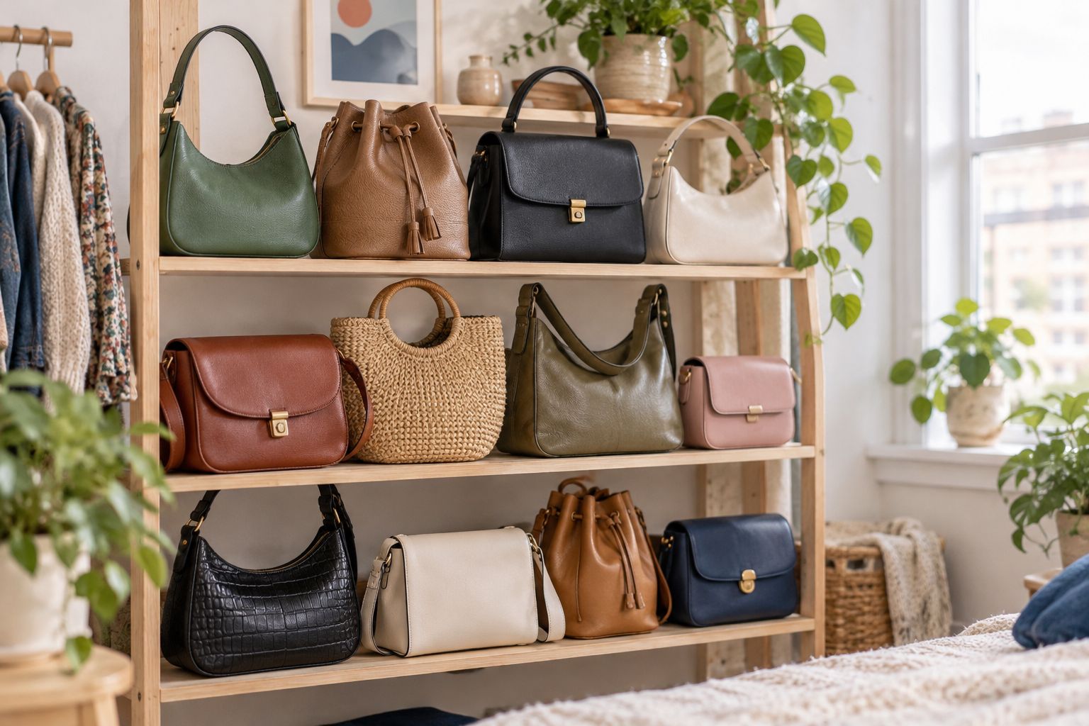Shelf of gently used handbags arranged for resale