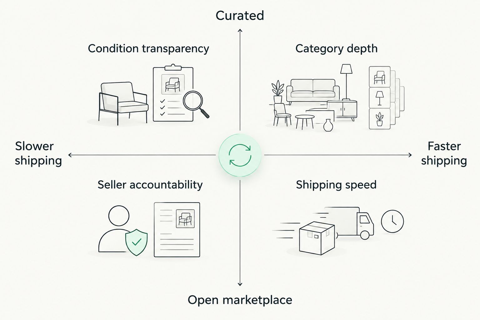 2x2 matrix comparing curation and shipping speed across resale shopping options