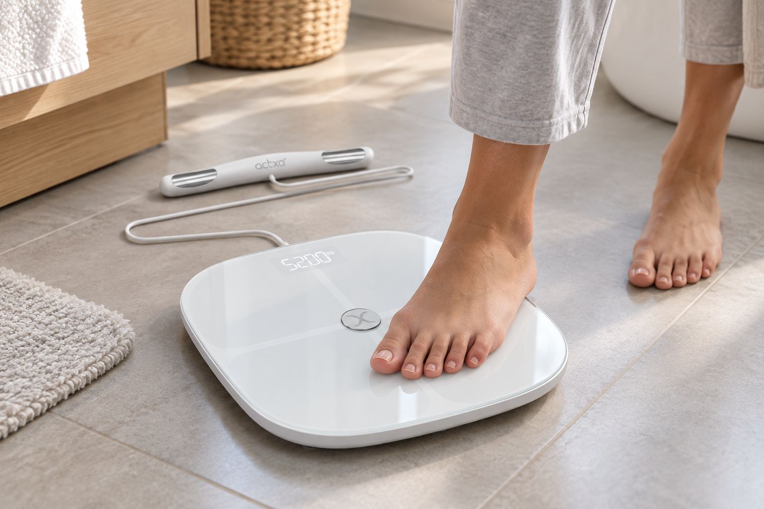 Person stepping onto a smart scale during a morning weigh-in