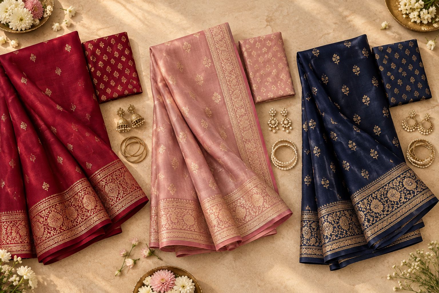 Saree fabrics beside blouse swatches and jewellery for comparing colour and texture