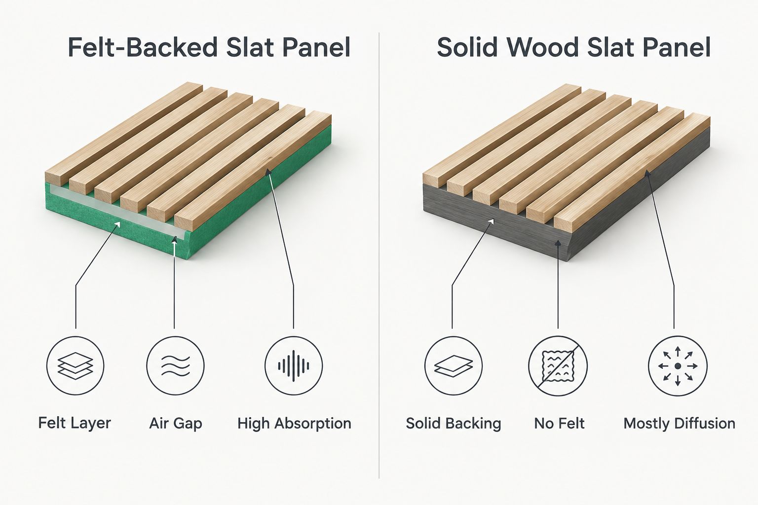 Two column diagram comparing felt-backed and solid wood slat panels