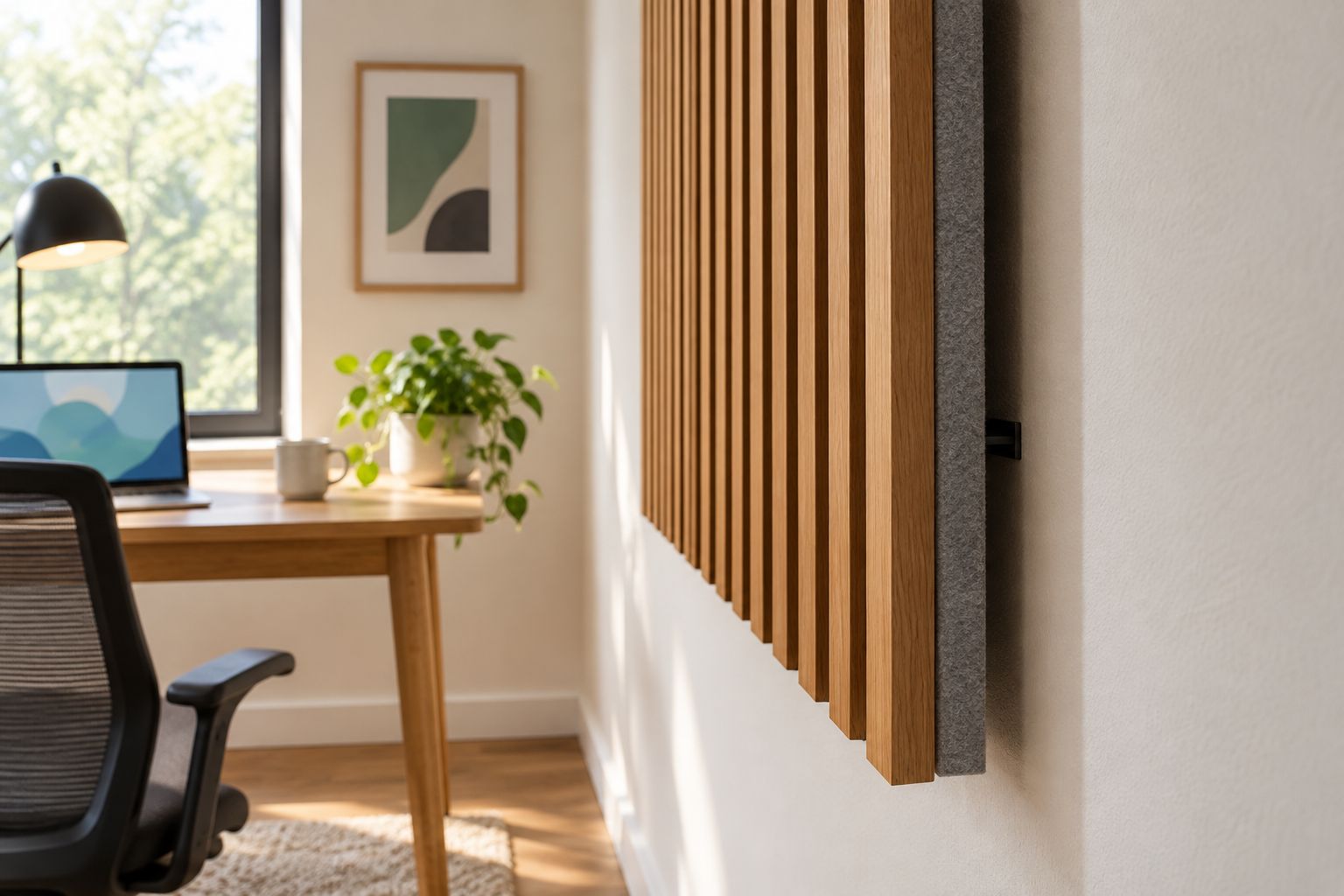 Side view of a wood slat panel mounted with an air gap and felt backing visible