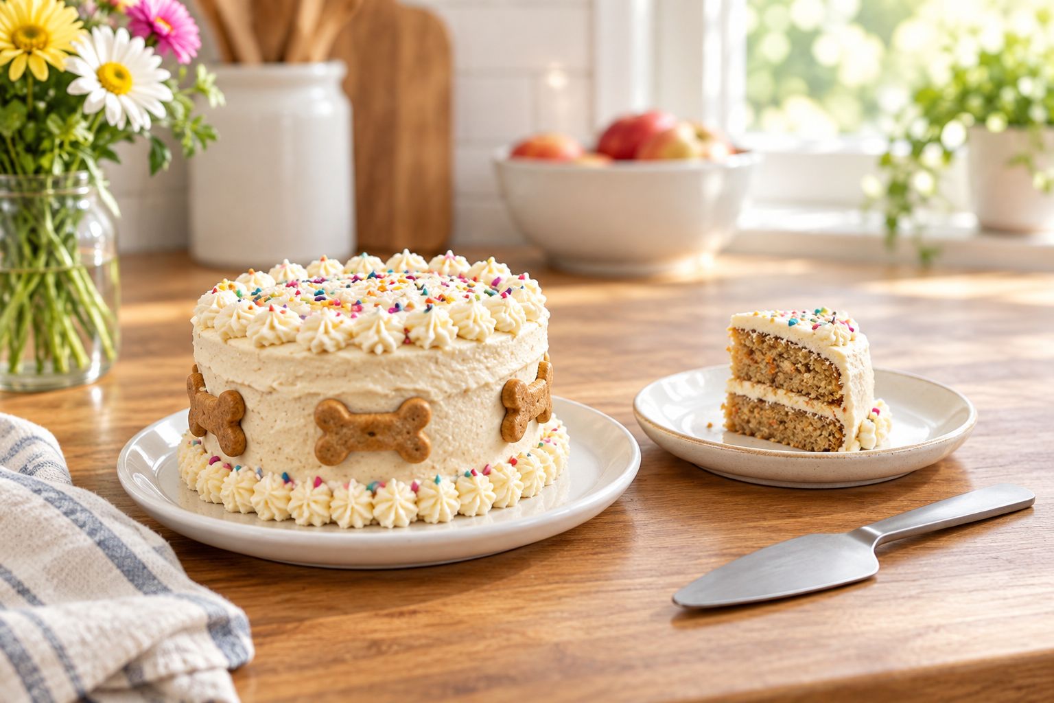 A homemade mini cake beside a separate dish holding a cut serving