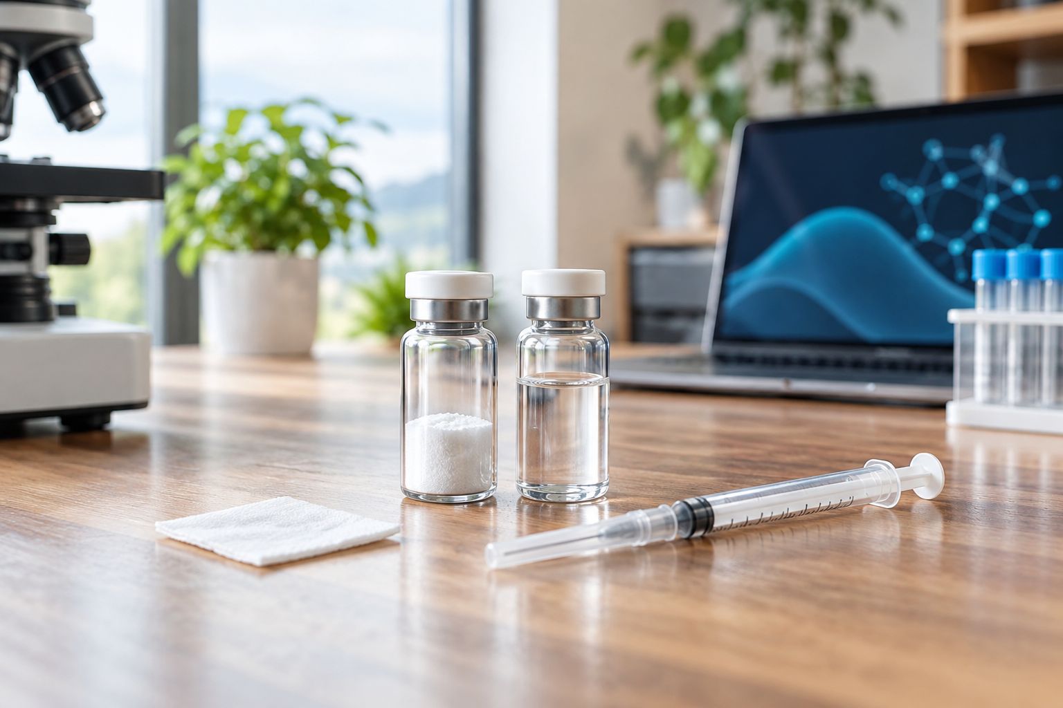 Lyophilized powder vial next to a premixed liquid vial on a lab bench
