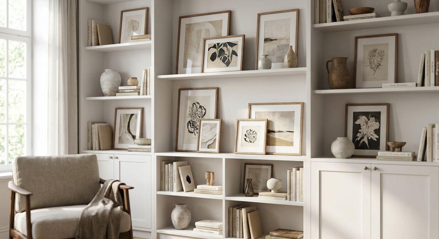 Framed wall art for built-in shelving displays