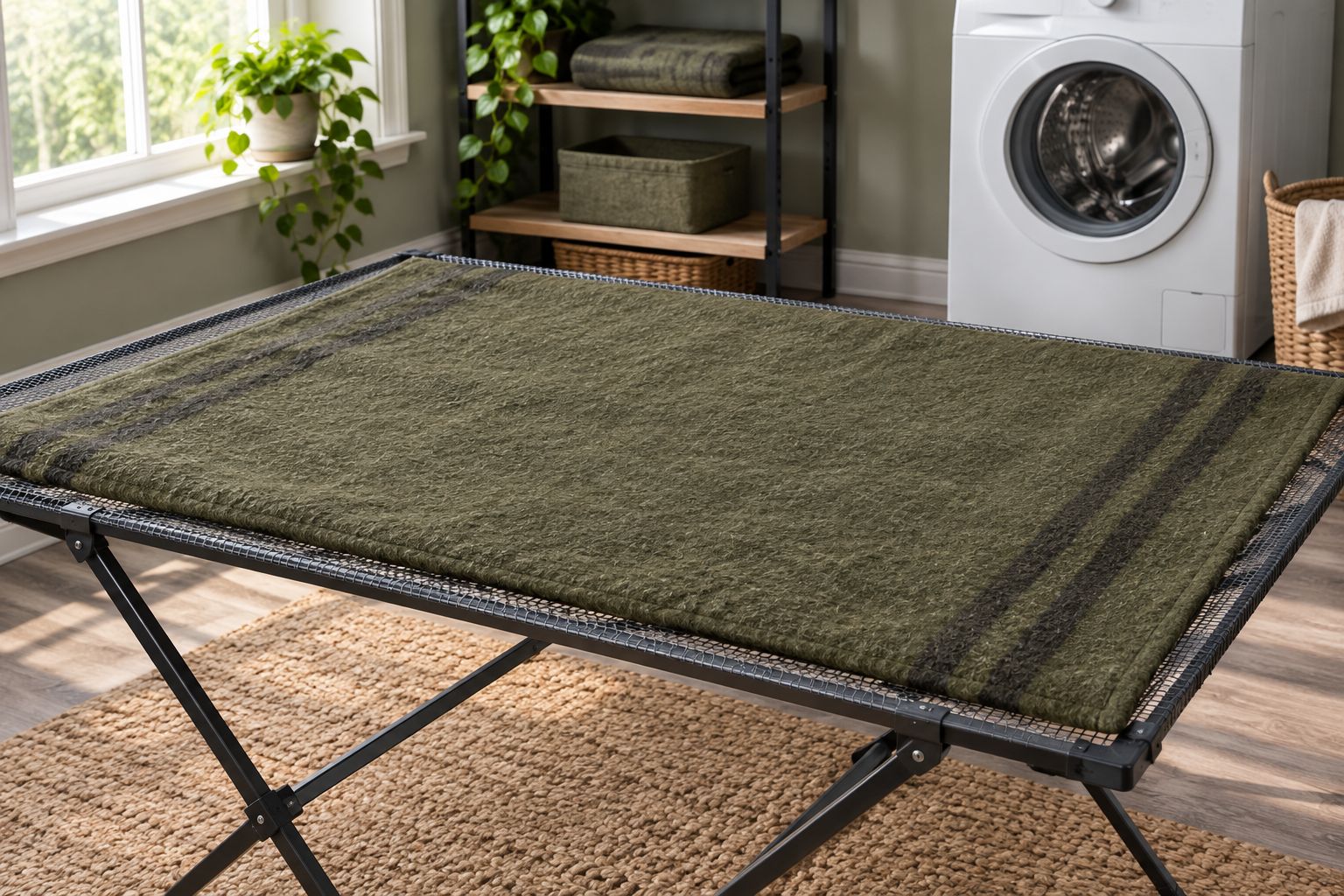 Wool blanket drying flat on a broad mesh rack with its weight evenly supported