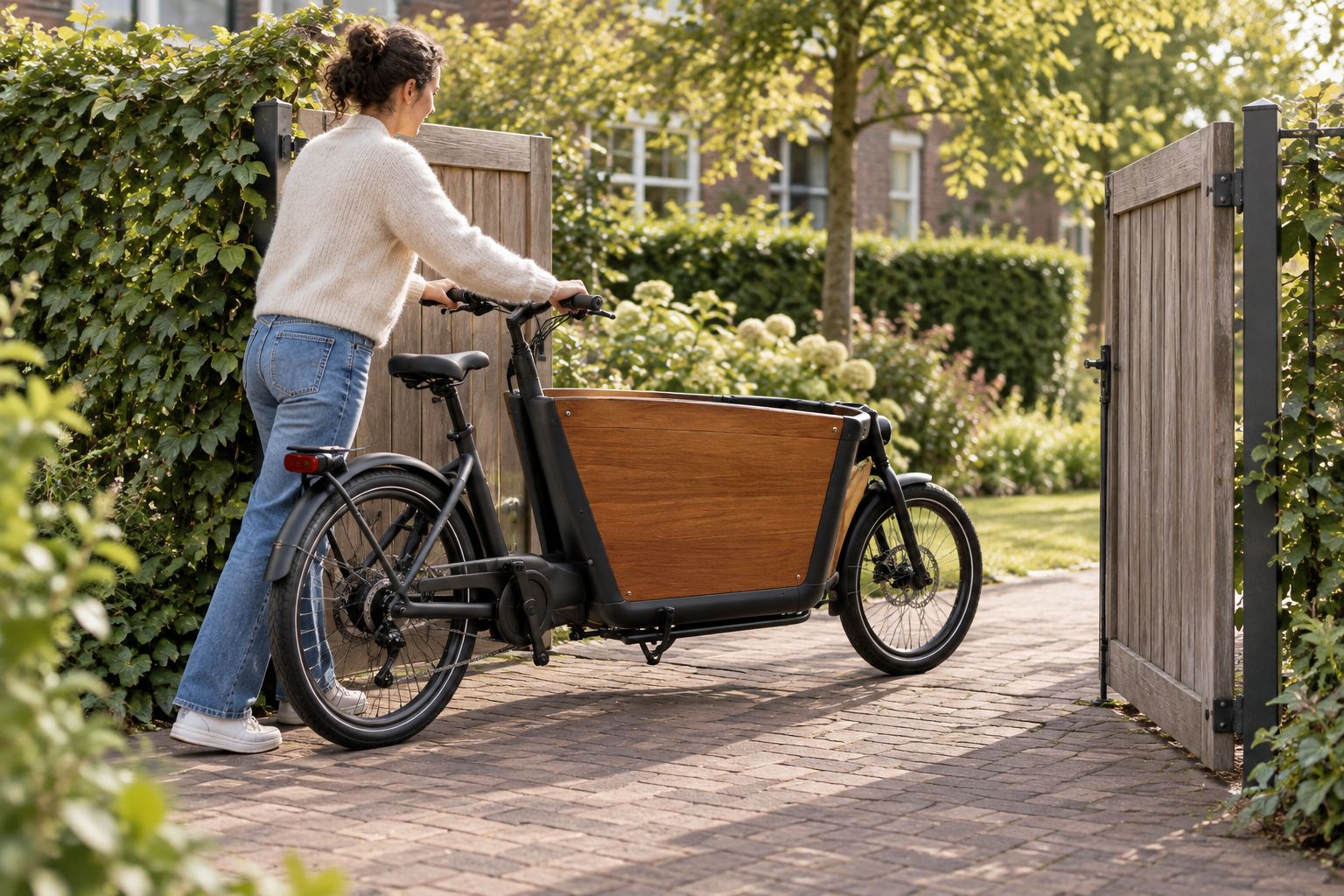 Een volwassene manoeuvreert een lege elektrische bakfiets achteruit door een tuinpoort.