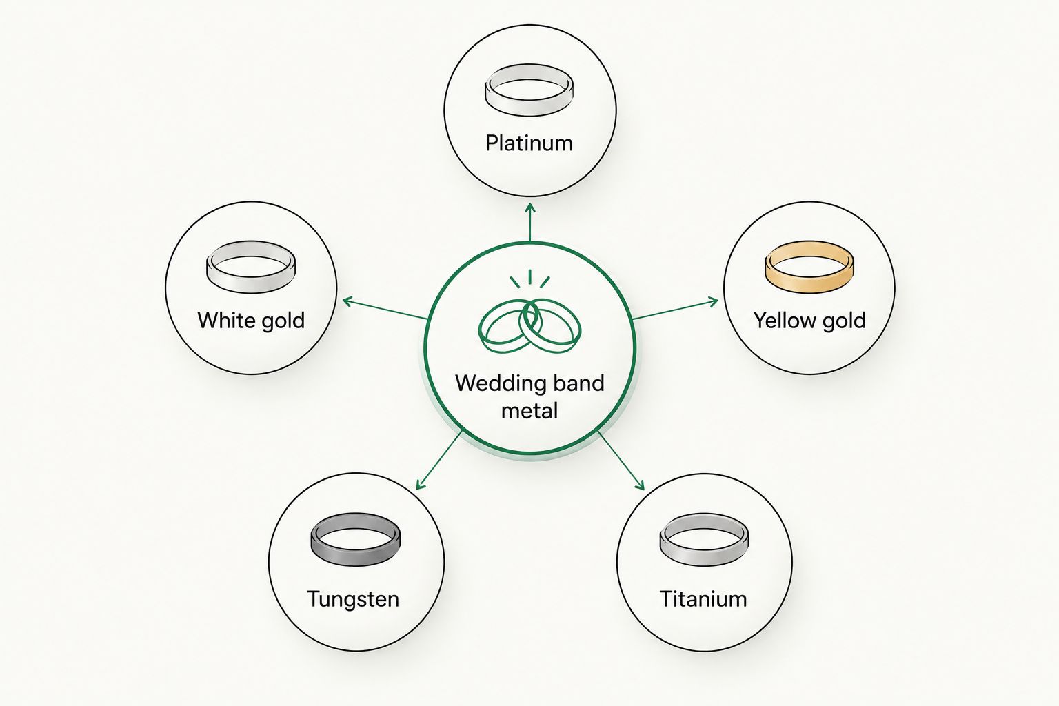 Diagram of five wedding band metal options branching from a central hub