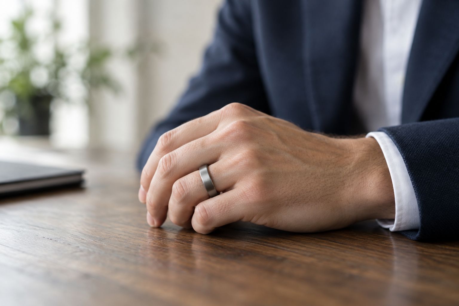 Close-up of a man's hand wearing a plain wedding band
