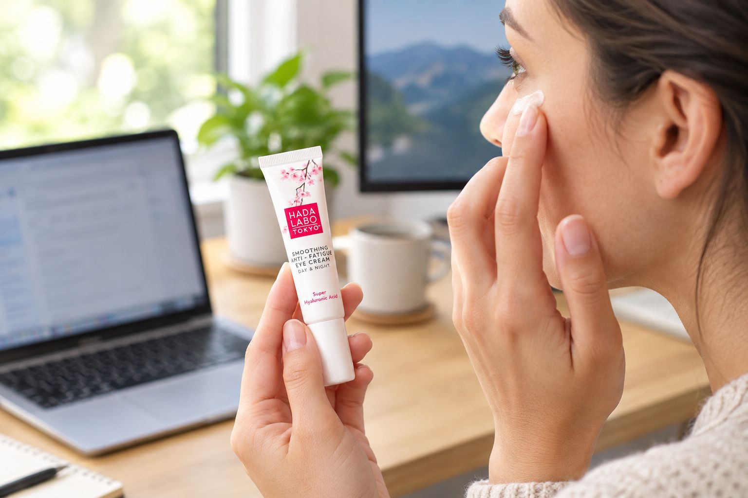 Applying eye cream at a home office desk before a video call