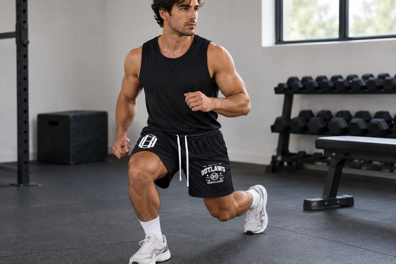 Bandits University Mesh Shorts worn during a lunge in an indoor training space