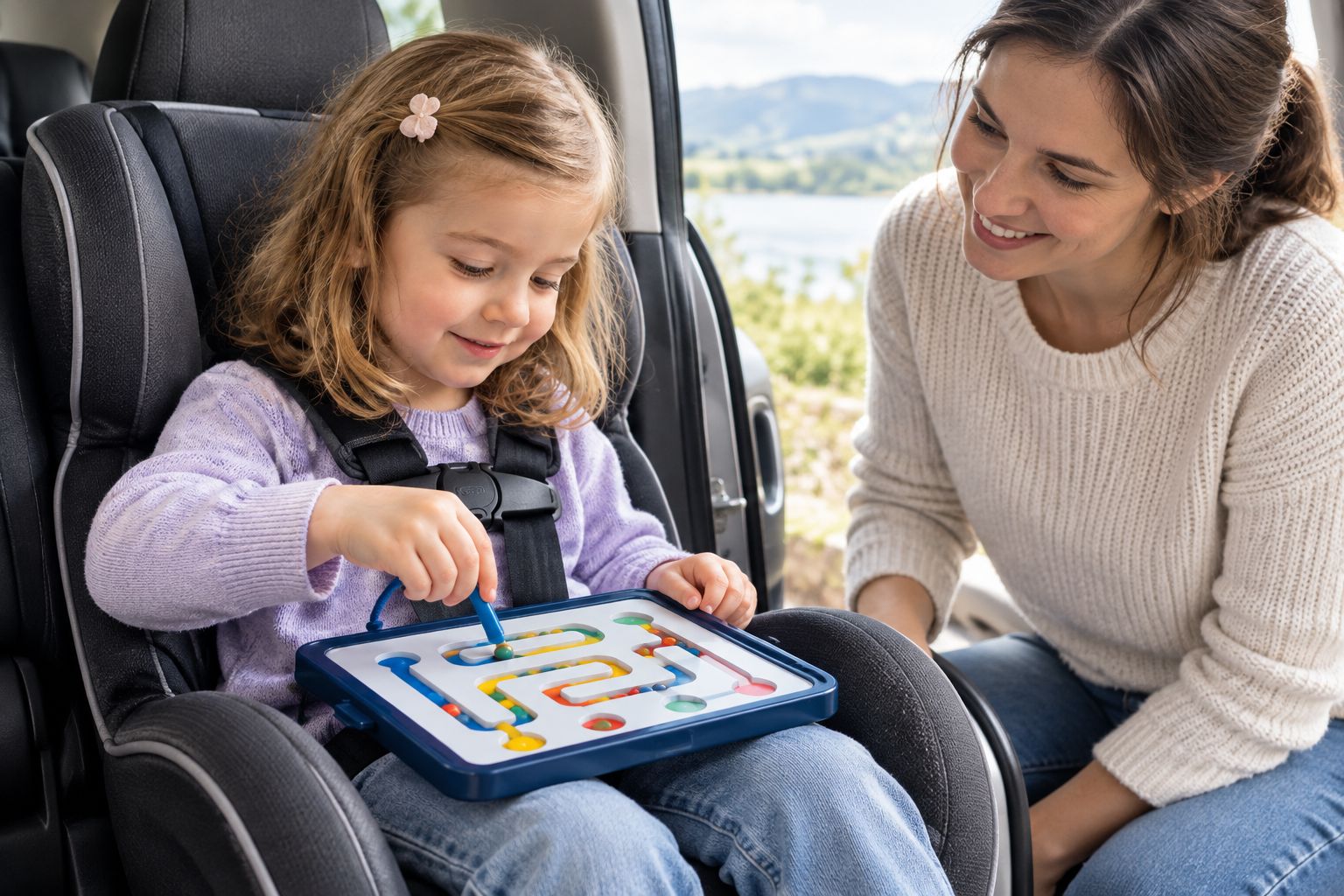 Toddler trying a magnetic maze in a parked car with an adult nearby