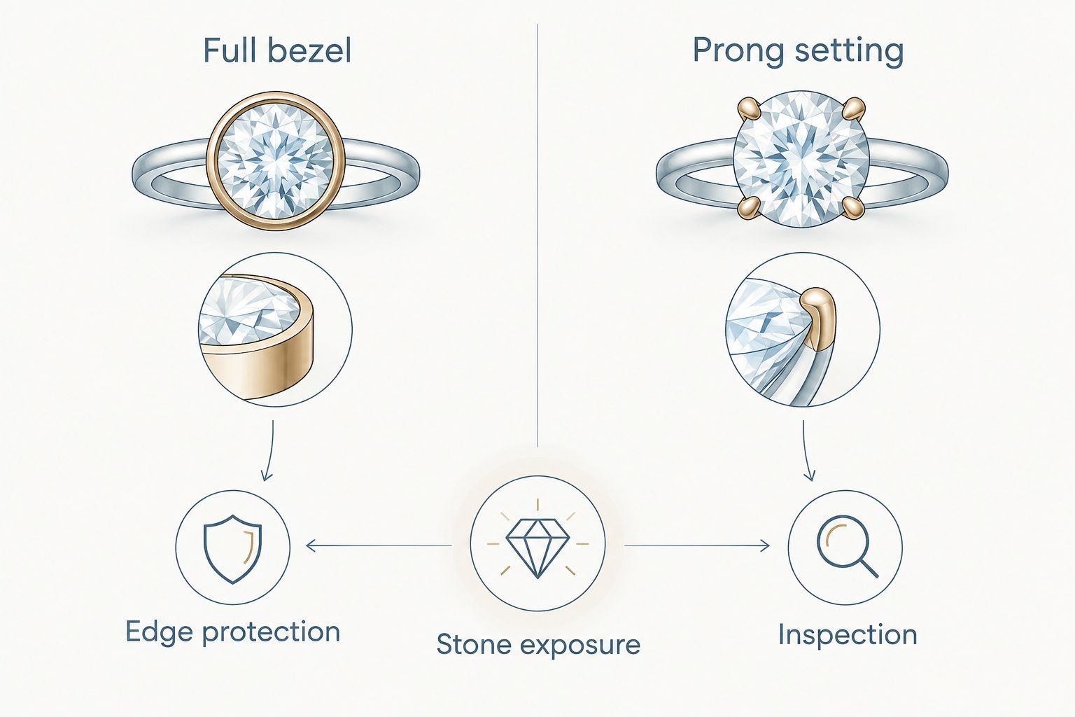 Full bezel and prong settings compared for edge protection, stone exposure, and inspection
