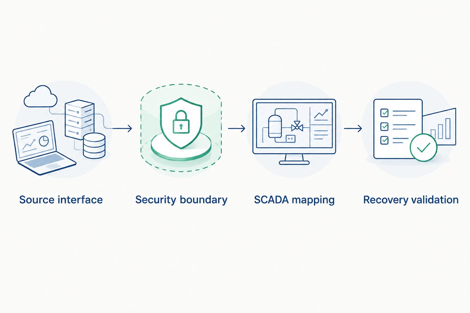 Connection workflow from source interface through security, SCADA mapping and recovery validation