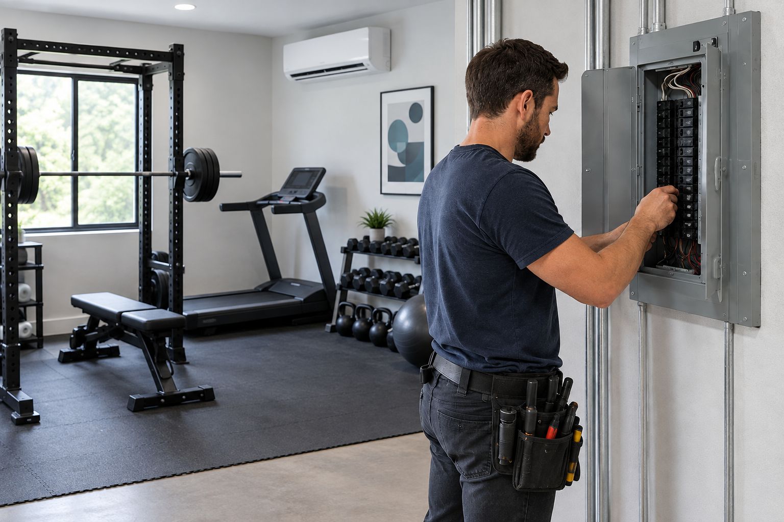 Garage home gym with equipment and a visible electrical panel