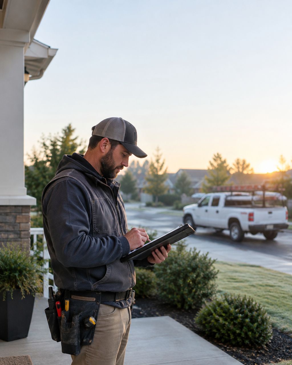 Contractor reviewing the schedule on a clipboard outside a home at sunrise