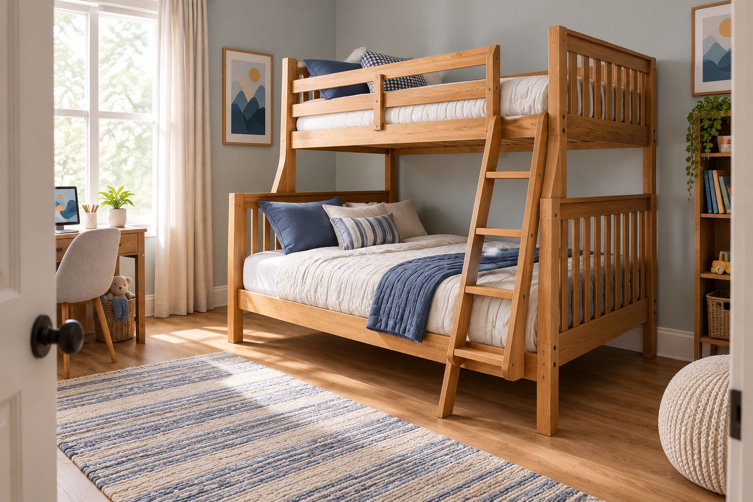 Wooden twin-over-full bunk bed with a clear walking route and ladder access
