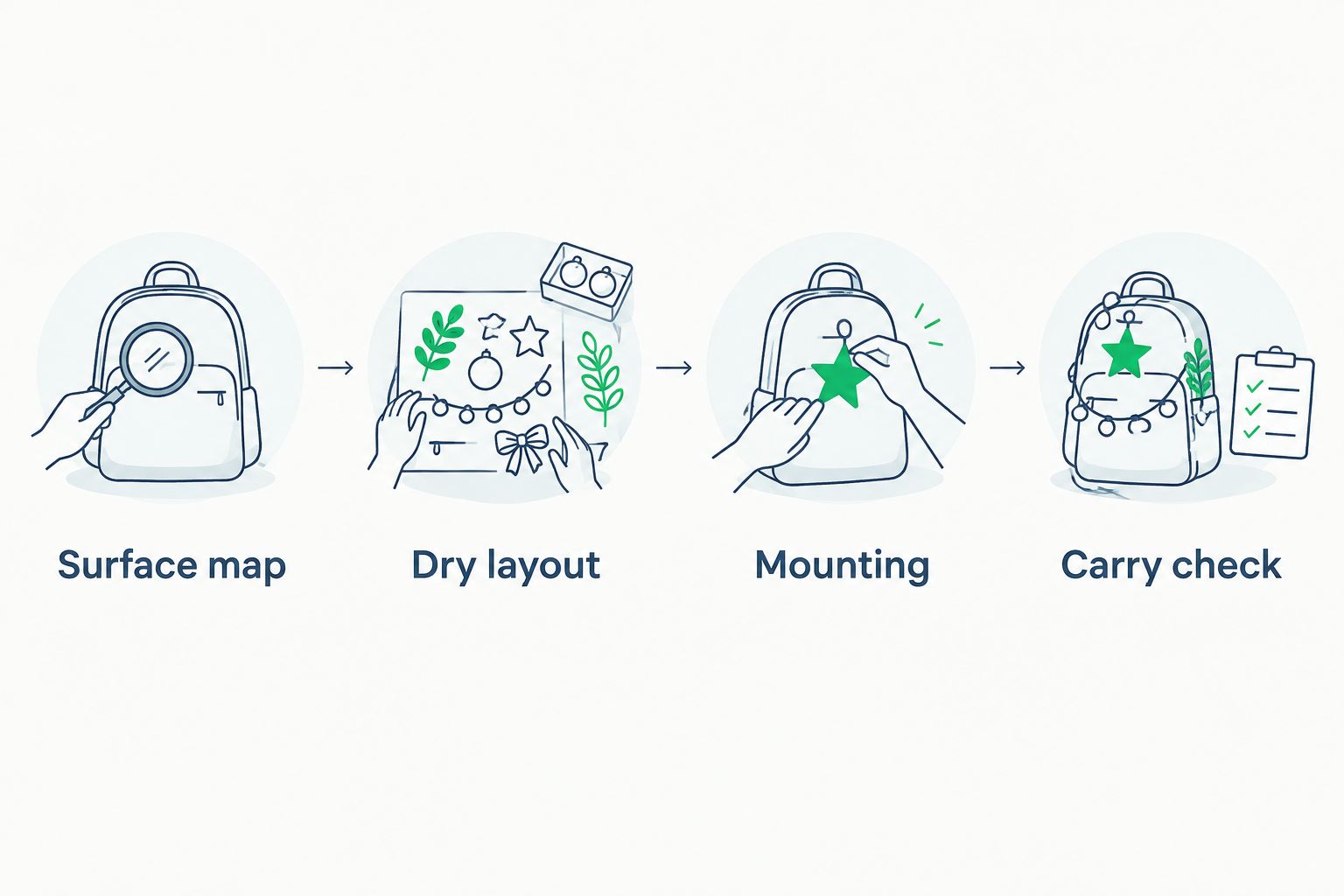 Four-step workflow from mapping gear surfaces to checking the decorated bag during carry