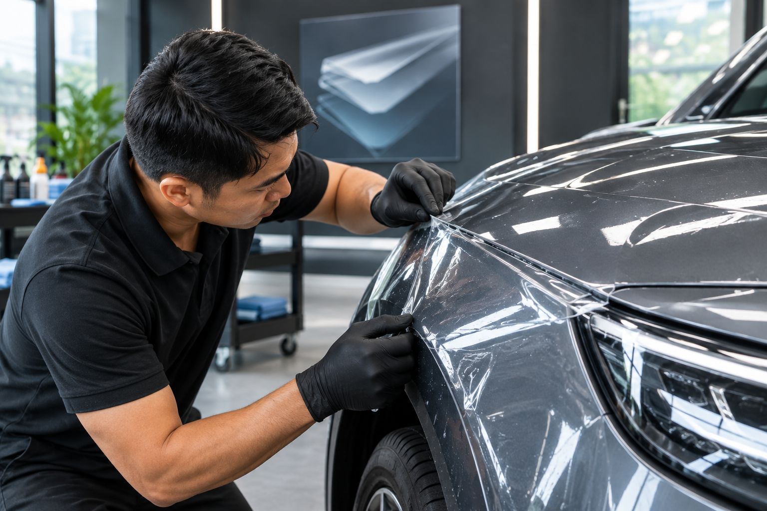Next powered by EA Detailer Technician inspecting the edge of clear paint protection film on a car panel