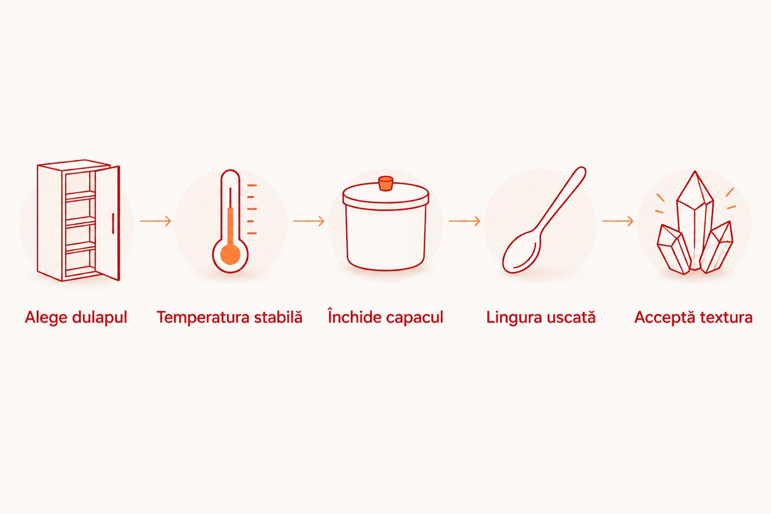 Pașii păstrării mierii: dulap potrivit, temperatură stabilă, capac închis și lingură uscată.