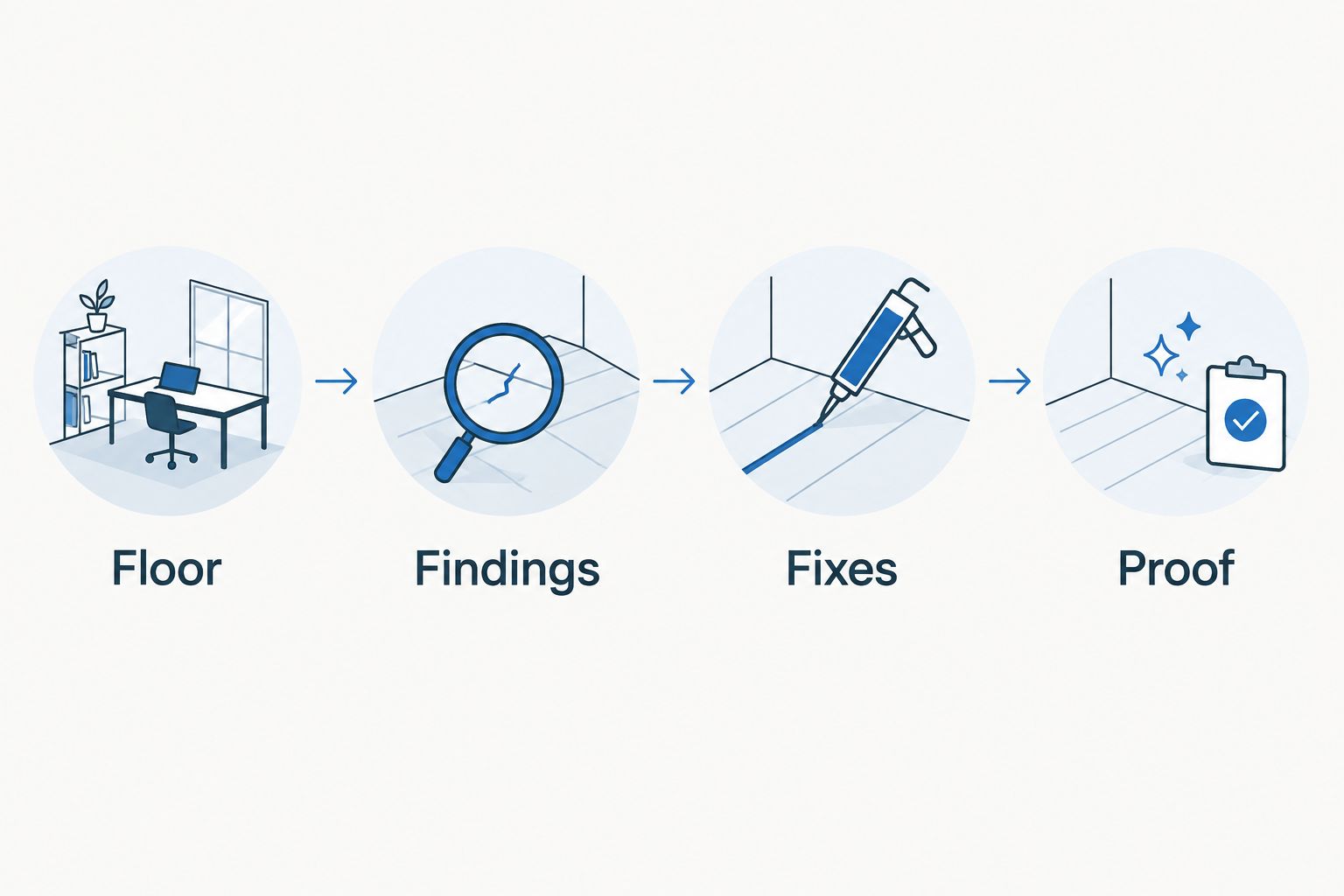 Four steps connecting the floor condition to findings, fixes, and proof