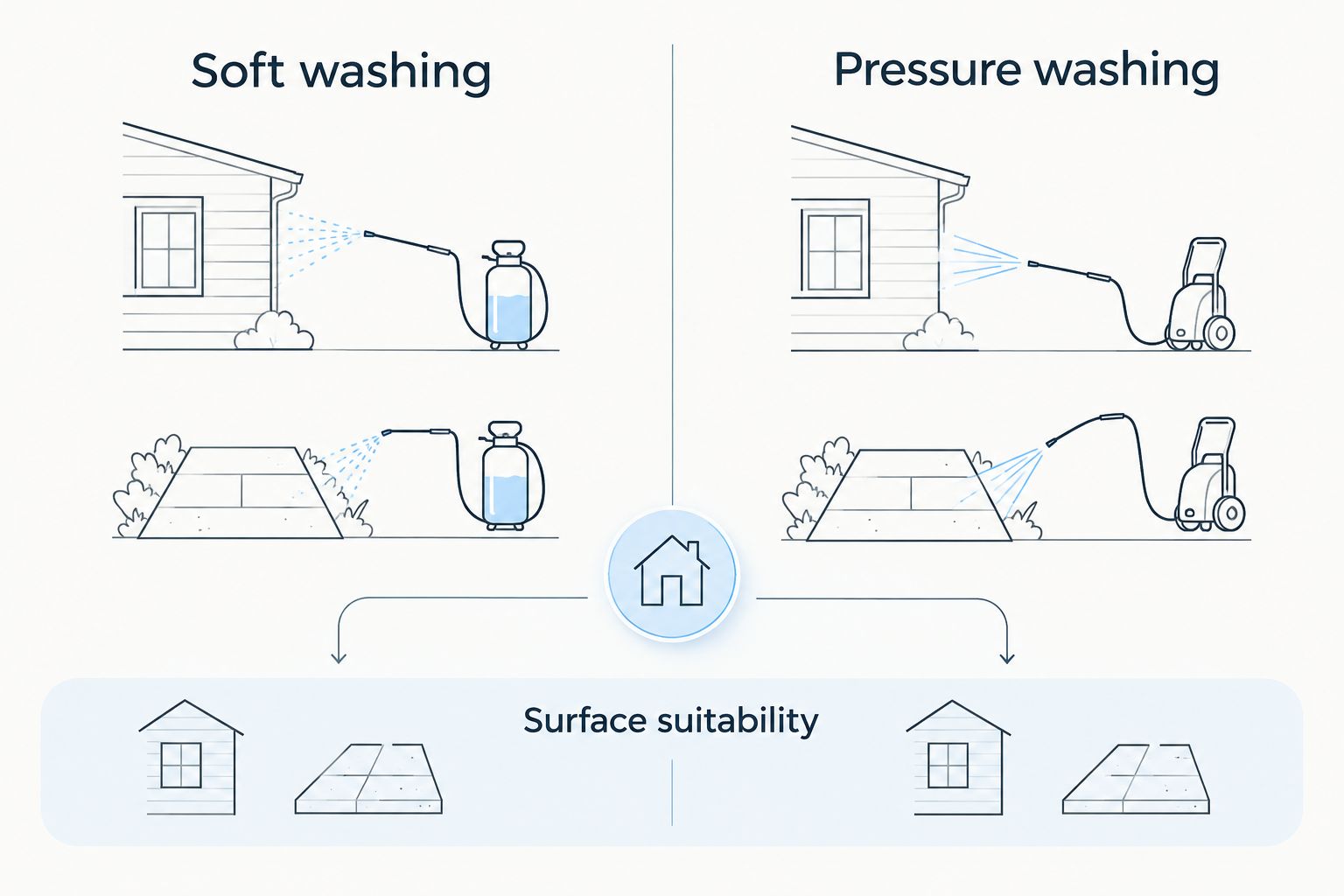 Soft washing and pressure washing compared, with surface suitability as the deciding factor