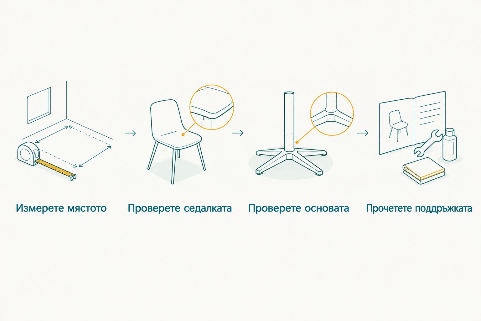 Проверки на мястото, седалката, основата и поддръжката преди избор на пейка