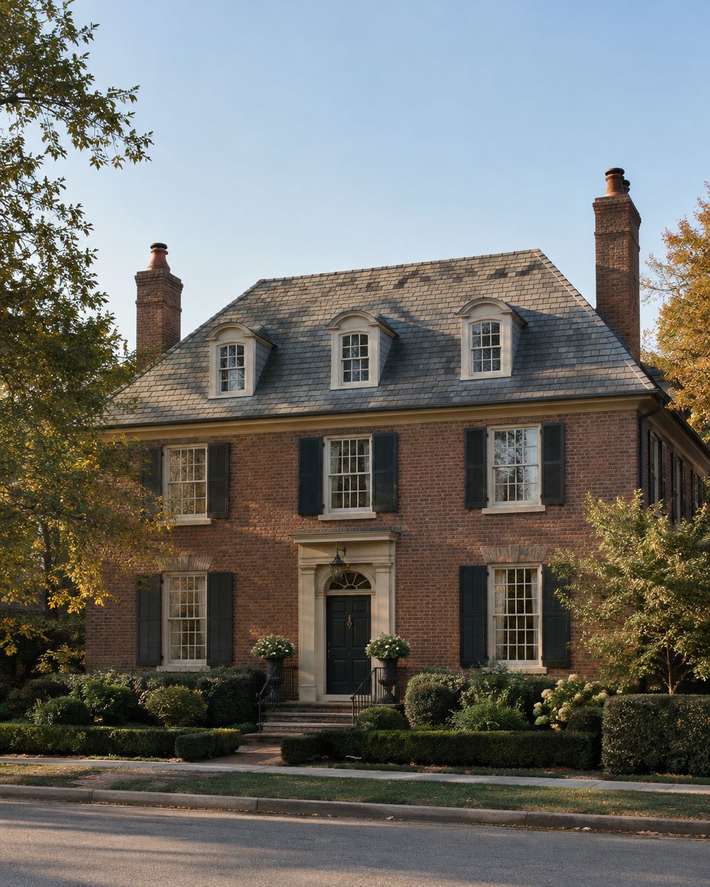 Historic brick home with a slate roof on a tree-lined street
