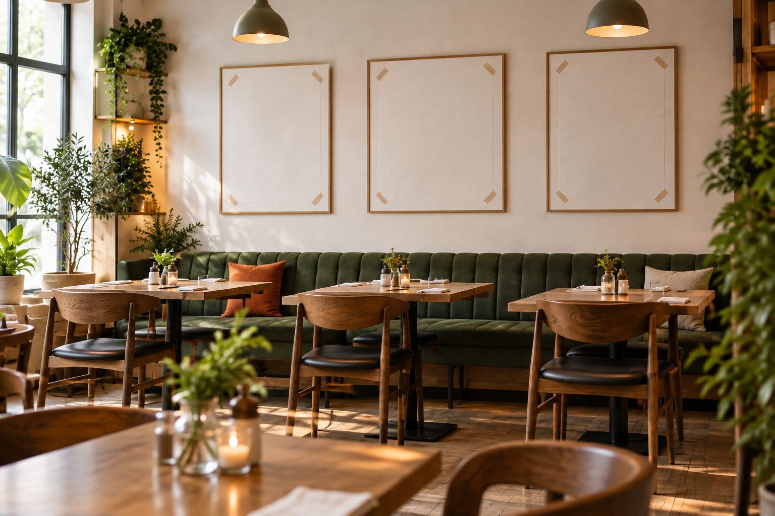Paper artwork templates above a cafe banquette, viewed from a seated position