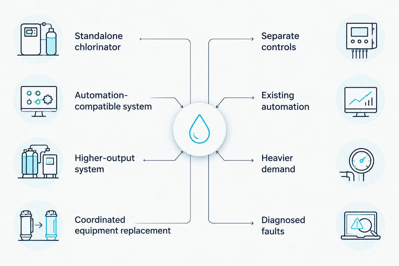 Four saltwater pool system configurations compared by control needs, chlorine demand, and equipment condition.