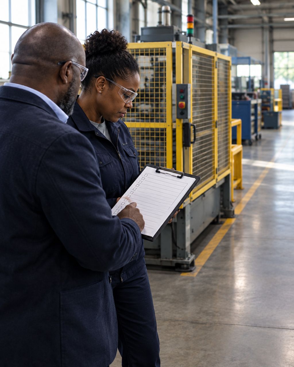 Illustrative scene of safety and plant managers comparing a blank checklist with guarded machinery on a manufacturing floor