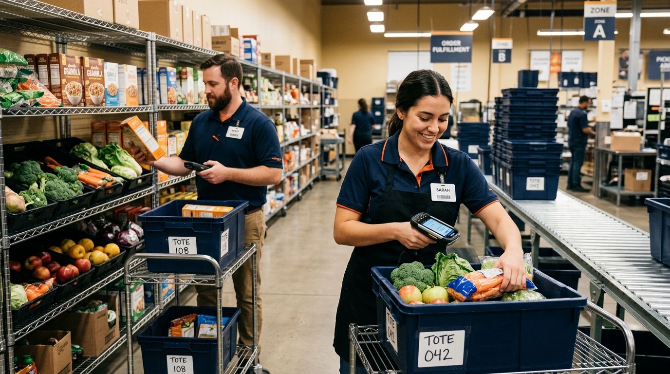 U.S. regional grocery employees picking and packing online orders