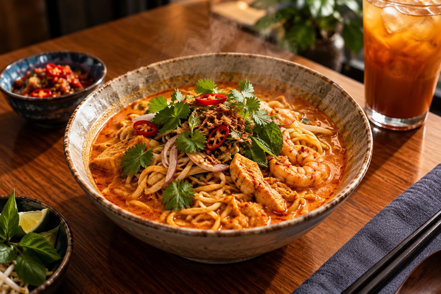 Steaming bowl of curry noodle soup with noodles and herbs
