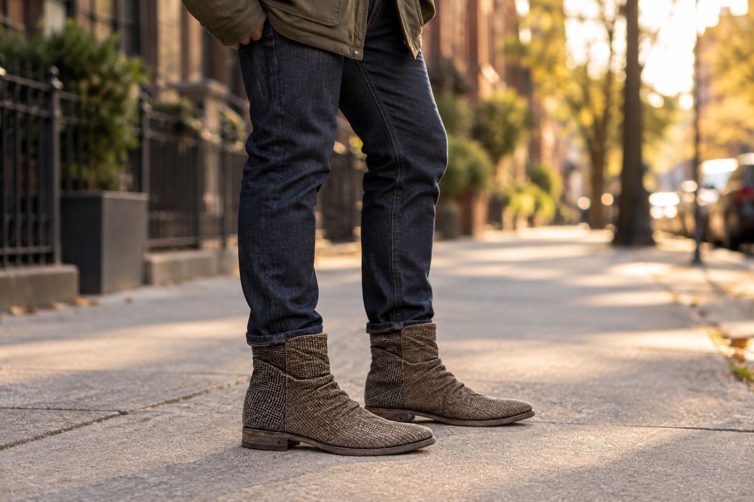 Brown stamped leather boots worn with dark jeans on a city sidewalk